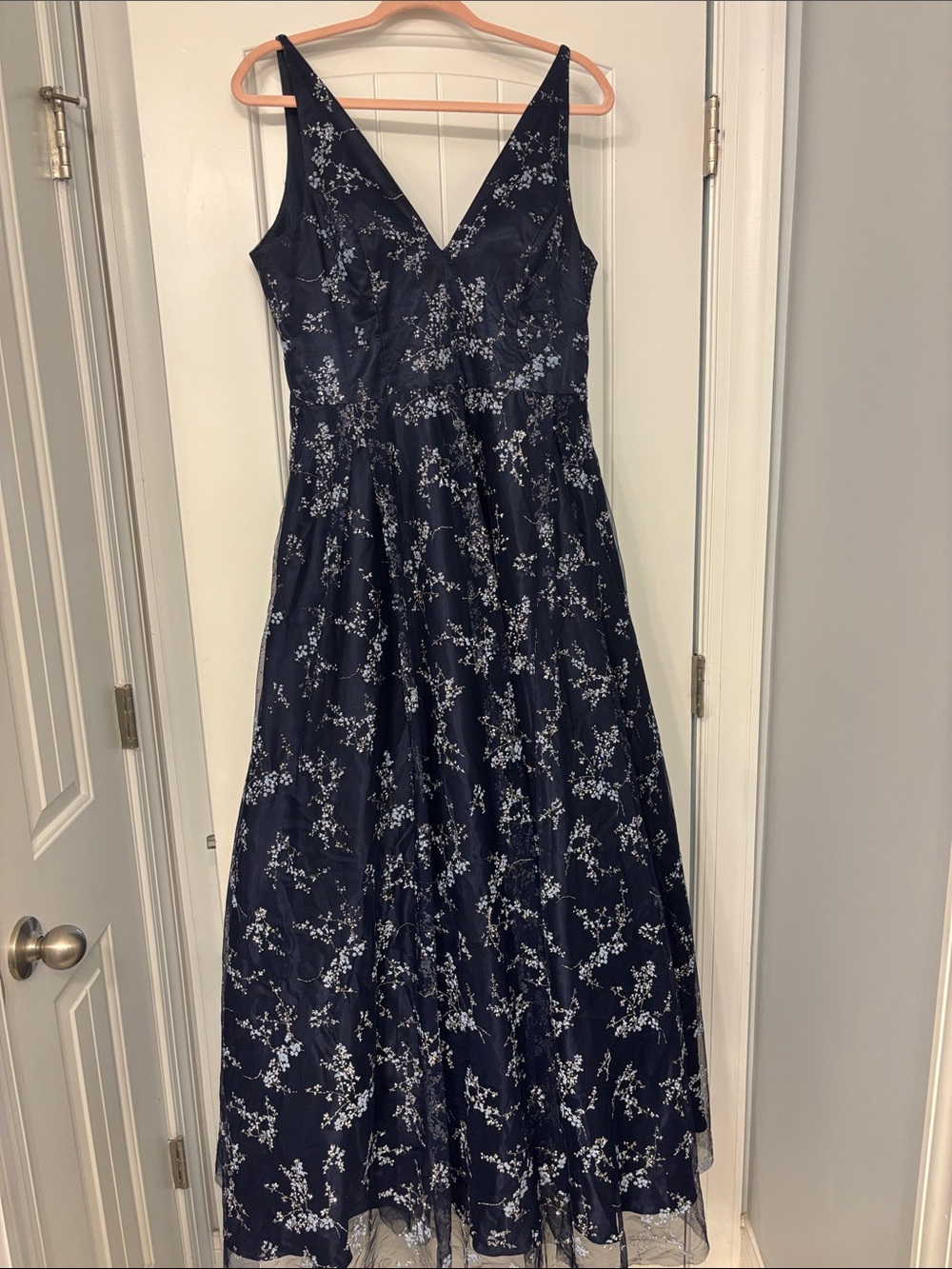 Navy Floral V-Neck Maxi Dress (prom or formal wear)